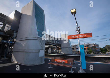 Toongabbie Railway Station in Sydney Australia June 2018, newly installed wheelchair and disabled access lifts stand on each platform and the kerbside Stock Photo