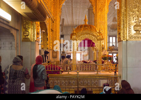 DELHI, INDIA - JAN 18, 2016: Interior of the Gurdwara Bangla Sahib, is the main Sikh temple in India. It's known for its association with the eighth S Stock Photo