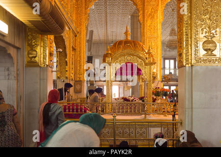 DELHI, INDIA - JAN 18, 2016: Interior of the Gurdwara Bangla Sahib, is the main Sikh temple in India. It's known for its association with the eighth S Stock Photo