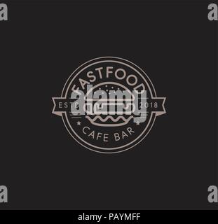 Fast food vector logo template. Hot burger linear stamp design. Hamburger sign. Cheeseburger sign design. Vector illustration on black background. Stock Vector