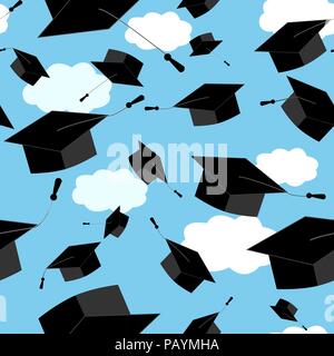 Seamless pattern with graduation hats thrown up in the clouds sky. Vector educate cap illustration Stock Vector