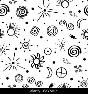 Seamless vector pattern with modern and anchient sky symbols. Retro textile collection. White and black. Stock Vector