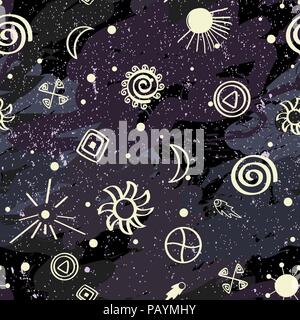 Seamless vector pattern with modern and anchient sky symbols. Space cosmic background Stock Vector