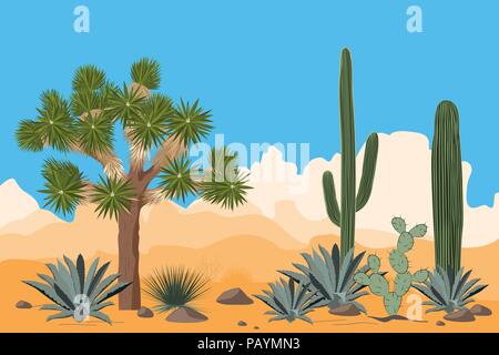 Desert pattern with joshua trees, opuntia, agave, and saguaro cacti. Mountains background. Vector illustration Stock Vector