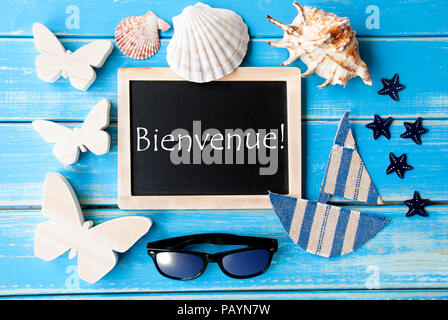 Blackboard With Maritime Decoration, Bienvenue Means Welcome Stock Photo