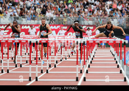 David KING (Great Britain), Freddie CRITTENDEN (United States of America), Andrew POZZI (Great Britain), Aries MERRITT (United States of America) competing in the Men's 110m Hurdles Final at the 2018, IAAF Diamond League, Anniversary Games, Queen Elizabeth Olympic Park, Stratford, London, UK. Stock Photo