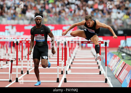 David KING (Great Britain), Freddie CRITTENDEN (United States of America) competing in the Men's 110m Hurdles Final at the 2018, IAAF Diamond League, Anniversary Games, Queen Elizabeth Olympic Park, Stratford, London, UK. Stock Photo