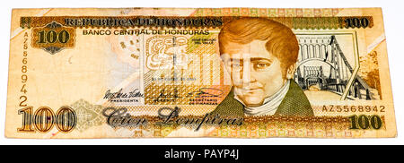 VELIKIE LUKI, RUSSIA - JULY 30, 2015: 100 lempiras bank note. Lempira is the national currency of Honduras Stock Photo