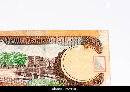 10 Barbadian dollar bank note. Barbadian dollars in the national currency of Barbados Stock Photo