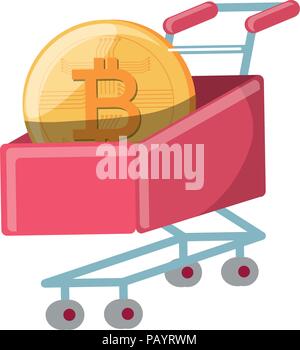 shopping cart with bitcoin coin over white background, vector illustration Stock Vector