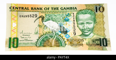 10 Gambian dalasi bank note. Gambian dalasi is the national