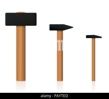 Hammer set. Big, normal and small upright standing basic hand tool to compare different size - illustration on white background. Stock Photo