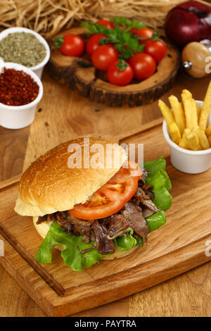 Meat Burger and french fries Stock Photo