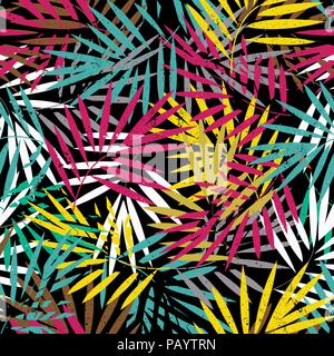 Trendy seamless exotic pattern withcolorful palm leaves. Vector illustration, jungle background Stock Vector