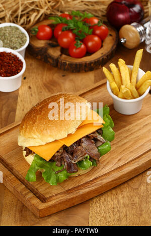 Meat Burger and french fries Stock Photo