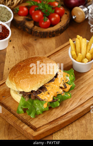 Meat Burger and french fries Stock Photo
