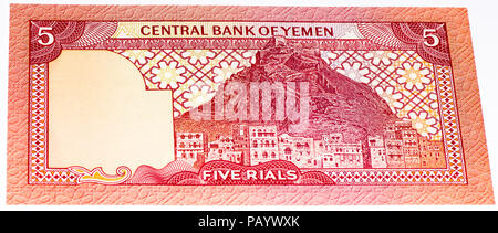 VELIKIE LUKI, RUSSIA - JULY 30, 2015: 5 Yemeni rial bank note. Rial is the national currency of Yemen Stock Photo