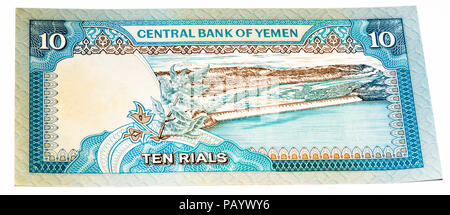 VELIKIE LUKI, RUSSIA - JULY 30, 2015: 10 Yemeni rial bank note. Rial is the national currency of Yemen Stock Photo