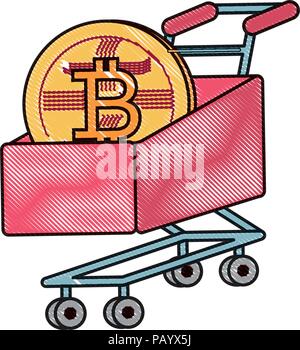 shopping cart with bitcoin coin over white background, vector illustration Stock Vector