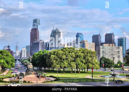 Philadelphia, Pennsylvania in the United States. City skyline with Benjamin Franklin parkway. Stock Photo