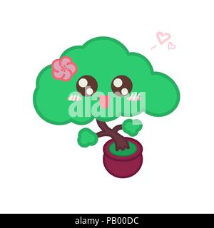 Vector illustration of a cute baby girl bonsai tree with face and cherry flower dancing in a pot isolated on white Stock Vector