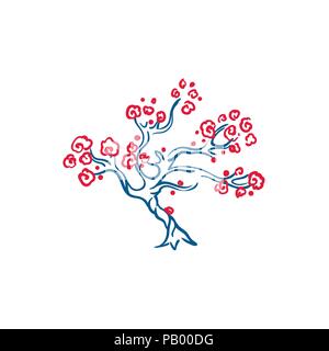 Vector bonsai illustration - minimal blue vignette with red flower bloom on blue tree, decorative cherry or plum tree Stock Vector