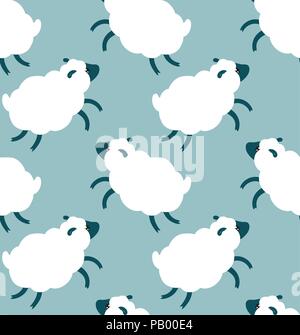 Sheeps seamless pattern in cute cartoon flat style fluffy clouds repeating texture with blue and white animals Stock Vector