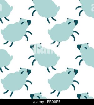 Sheeps seamless pattern in cute cartoon flat style fluffy clouds repeating texture with blue and white animals Stock Vector