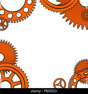 Vector illustration in retro mid century comic books style - frame of orange brass clock gears isolated on white with copy space Stock Vector