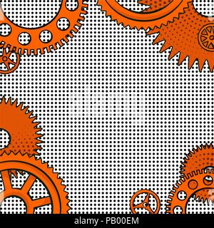 Vector illustration in retro mid century comic books style - frame of orange brass clock gears on black and white halftone background Stock Vector