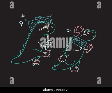 Dinosaurs on roller skates with ice cream and music player in neon sign color style isolated on black Stock Vector