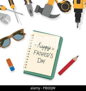 happy Father's Day word write by pencil on book page with top border of home tools isolated on white background Stock Vector