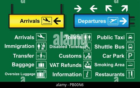 set of airport signs with logo and direction which is often used around airport terminal. Stock Vector