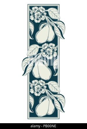Vector illustration of a decorative ornamental vignette with pear tree twig in retro Victorian style, with flowers bloom and ripe fruits, art nouveau  Stock Vector