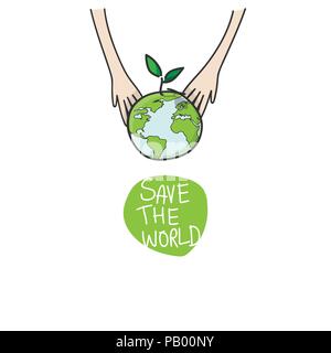 two hands of the children planting green globe and tree for saving environment nature conservation, ecology concept. vector illustration isolated on w Stock Vector