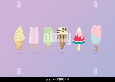 set of vector tasty colorful ice cream collection illustrations isolated on pastel purple Stock Vector