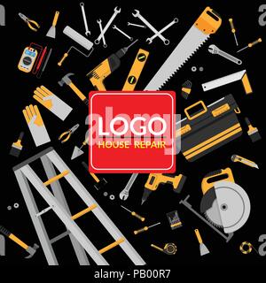 hand tools for home repair and construction with copy space for house repairs shop logo template isolated on black background, flat design. building a Stock Vector