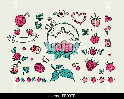 Raspberry bundle of decorative vignettes, borders, wraths, kawaii stickers and other design elements in one collection Stock Vector