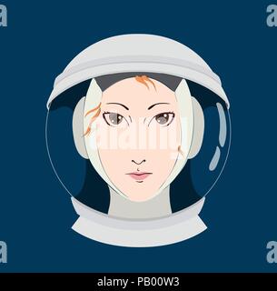 Female astronaut with helmet flat vector illustration. Smiling