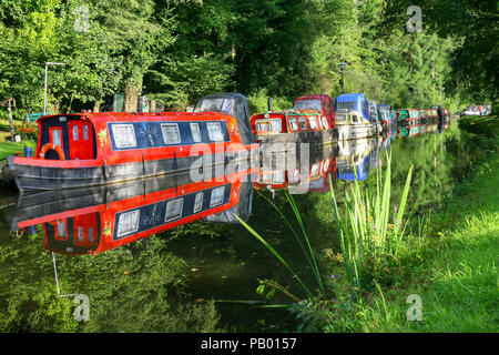 Narrowboats moored on the Monmouthshire to Brecon canal at Goytre Wharf in the early morning. Stock Photo