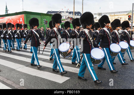 Copenhagen, Denmark - December 9, 2017: Drummers of the procession of the royal guardsmen to the royal palace Amalienborg, accompanied by the orchestr Stock Photo