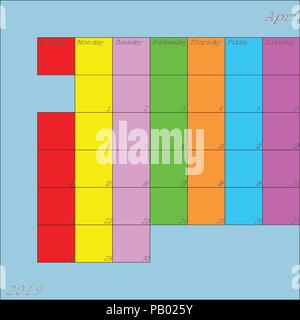 April 2019 Calendar Planer with specific color for each weekday and month color Stock Vector