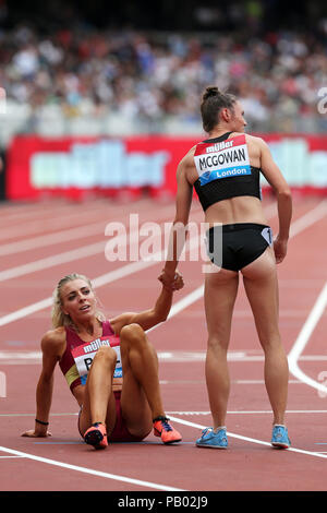 Brittany MCGOWAN (Australia) helping up an exhausted Alexandra BELL (Great Britain) after competing the Women's 800m Final at the 2018, IAAF Diamond League, Anniversary Games, Queen Elizabeth Olympic Park, Stratford, London, UK. Stock Photo