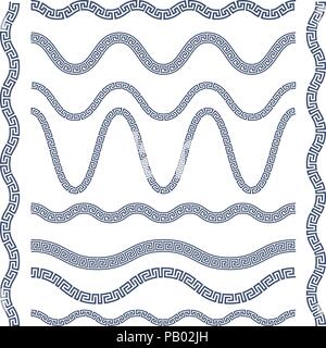 Wavy borders of greek ornament, meander style pattern frames Stock Vector