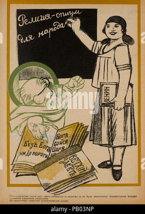 Soviet Propaganda Magazine Interior, Bezbozhnik u Stanka (Atheist at his Bench) Magazine, Illustration, 1920's Stock Photo