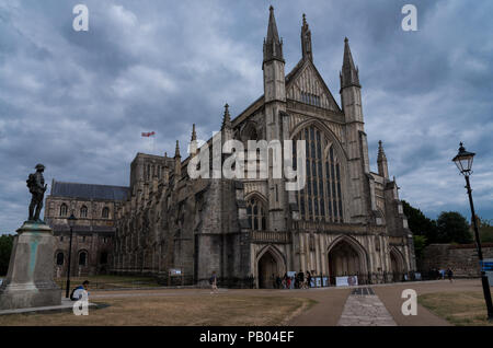 Winchester, England--July 17, 2018. The front of Winchester Cathedral  on a cloudy summer afternoon. Stock Photo