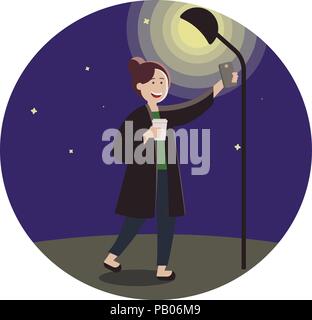 Fashionable girl on the dark street under the light holding phone, making selfies for social networks, personal photo album. Illustration in cartoon style. Stock Vector