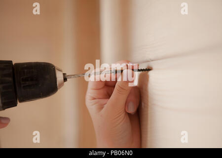 Close-up the woman holding the screw and the electric screw-driver. Stock Photo