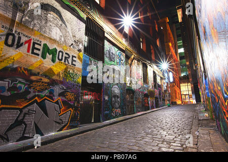 Hosier Lane at night.  It is one of Melbourne's celebrated lanes known in particular for its street art. Stock Photo