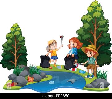 Kids volunteering cleaning up river illustration Stock Vector